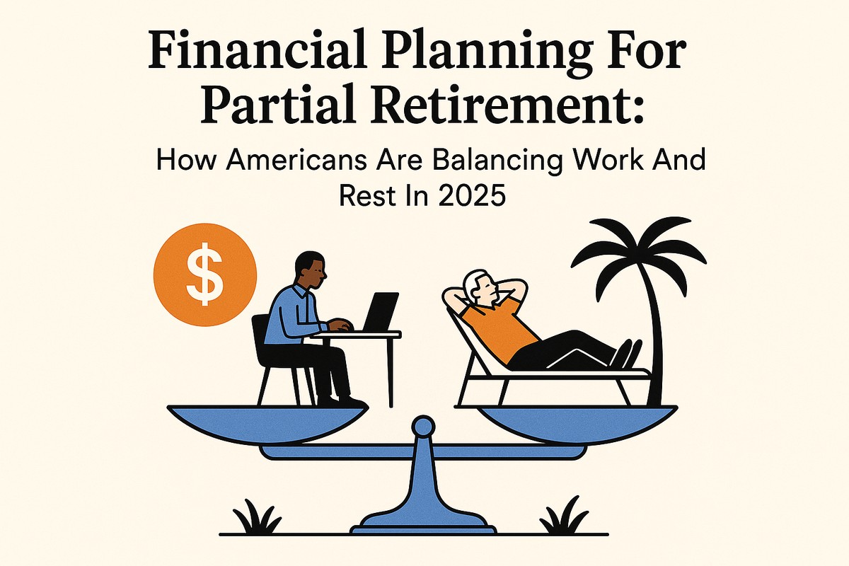 Two men are balanced on a blue scale, symbolizing work-life balance. On the left, one man works at a laptop, while on the right, another relaxes on a lounge chair under a palm tree. A dollar sign icon appears on the left. The headline above reads: “Financial Planning For Partial Retirement: How Americans Are Balancing Work And Rest In 2025.” The image conveys harmony between work and leisure during partial retirement.