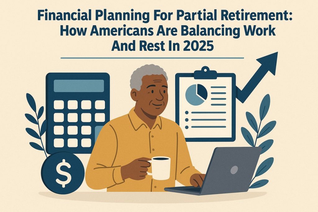 An older man with dark skin and gray hair works on a laptop while holding a coffee mug. Behind him are a large calculator, a clipboard with a pie chart, and an upward arrow symbolizing financial growth. The headline above reads: “Financial Planning For Partial Retirement: How Americans Are Balancing Work And Rest In 2025.” The scene represents thoughtful financial planning and balance during partial retirement.