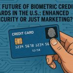 A hand holds a blue biometric credit card featuring a fingerprint sensor on the right and a gold chip on the left. The background is filled with a circuit board pattern in blue tones. The headline above reads: “The Future of Biometric Credit Cards in the U.S.: Enhanced Security or Just Marketing?” The image represents innovation in payment technology and questions the balance between security and marketing appeal.