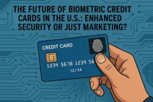 A hand holds a blue biometric credit card featuring a fingerprint sensor on the right and a gold chip on the left. The background is filled with a circuit board pattern in blue tones. The headline above reads: “The Future of Biometric Credit Cards in the U.S.: Enhanced Security or Just Marketing?” The image represents innovation in payment technology and questions the balance between security and marketing appeal.