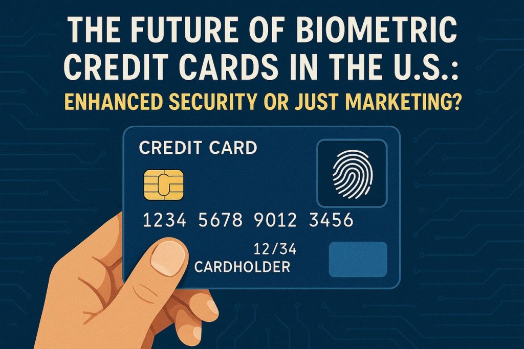 A hand holds a blue biometric credit card labeled “CREDIT CARD,” displaying a fingerprint sensor and chip. The background shows a dark blue circuit board pattern. The headline reads: “The Future of Biometric Credit Cards in the U.S.: Enhanced Security or Just Marketing?” The design emphasizes technology, data security, and the evolution of digital banking.