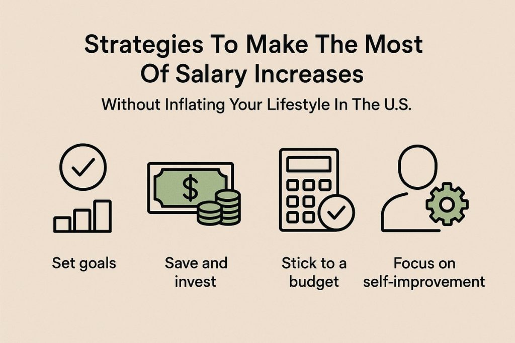 A minimalist infographic titled “Strategies to Make the Most of Salary Increases Without Inflating Your Lifestyle in the U.S.” Four icons represent financial tips: a checkmark over a bar graph labeled “Set goals,” dollar bills and coins labeled “Save and invest,” a calculator labeled “Stick to a budget,” and a human outline with a gear icon labeled “Focus on self-improvement.” The background is beige with simple black and green graphics.