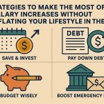 An infographic titled “Strategies to Make the Most of Salary Increases Without Inflating Your Lifestyle in the U.S.” divided into four sections. The top left shows a calendar and coin labeled “Save & Invest.” The top right displays a document labeled “Debt” and a dollar sign arrow icon, titled “Pay Down Debt.” The bottom left has an orange piggy bank labeled “Budget Wisely,” and the bottom right shows a bank building with an envelope icon labeled “Boost Emergency Fund.” A small U.S. flag appears beside the title.