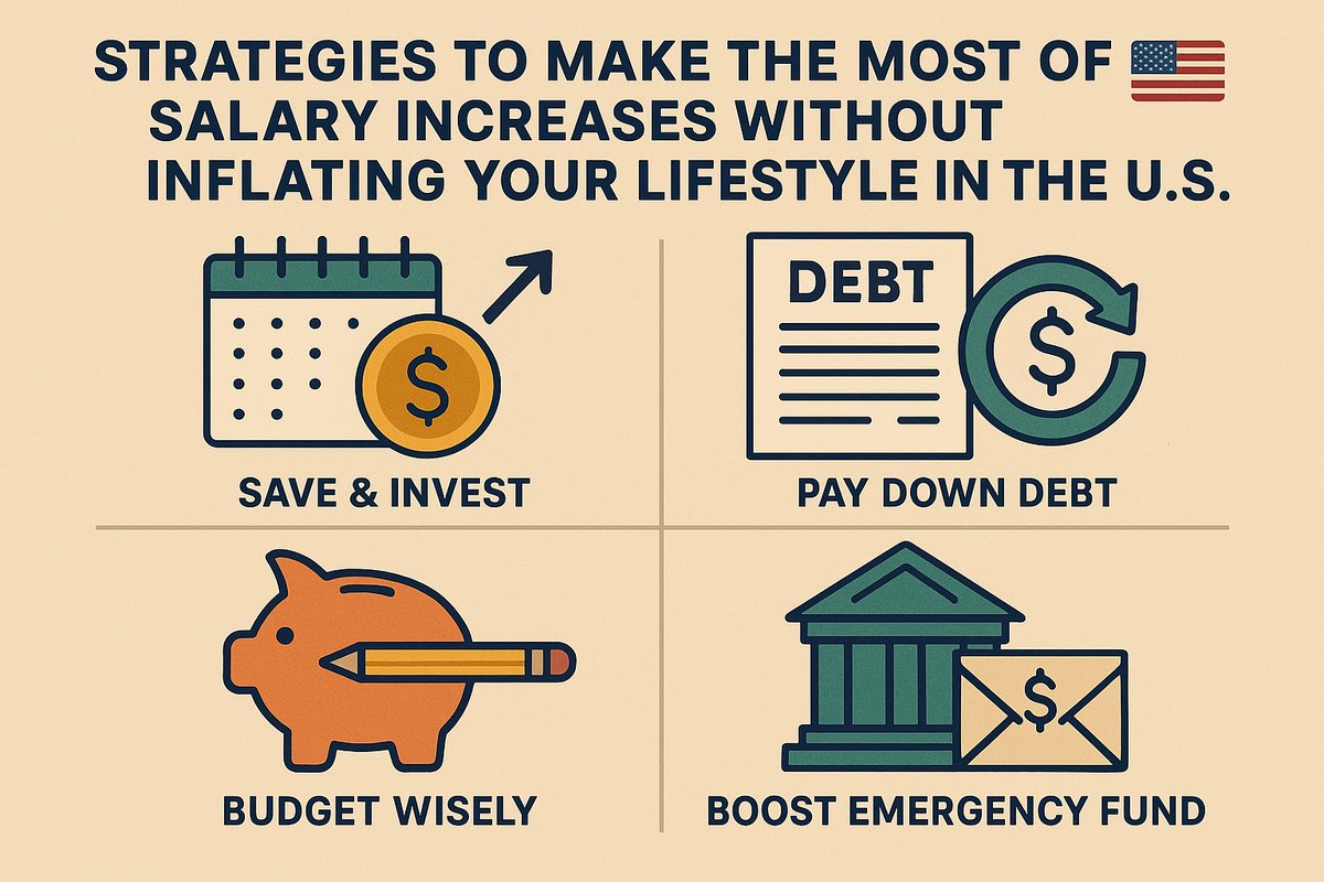 An infographic titled “Strategies to Make the Most of Salary Increases Without Inflating Your Lifestyle in the U.S.” divided into four sections. The top left shows a calendar and coin labeled “Save & Invest.” The top right displays a document labeled “Debt” and a dollar sign arrow icon, titled “Pay Down Debt.” The bottom left has an orange piggy bank labeled “Budget Wisely,” and the bottom right shows a bank building with an envelope icon labeled “Boost Emergency Fund.” A small U.S. flag appears beside the title.