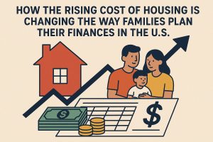 An illustration shows a family of three — two adults and one child — standing beside a red house, with a black upward arrow representing rising housing costs. In front of them are stacks of dollar bills, gold coins, and a financial chart with a large dollar sign. The title above reads: “How the Rising Cost of Housing Is Changing the Way Families Plan Their Finances in the U.S.” The scene conveys optimism and adaptation to increasing living expenses.