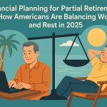 Flat-style illustration about partial retirement planning in the United States. At the top, large text reads: ‘Financial Planning for Partial Retirement: How Americans Are Balancing Work and Rest in 2025.’ The scene is split into two contrasting halves by a central balance scale. On the left, an older man sits at a desk working on a laptop, with a stack of dollar bills and a palm tree behind him, symbolizing income, work, and financial security. On the right, the same man is reclining in a lounge chair under a bright sun with ‘Zzz’ above his head, representing rest and leisure. The balanced scale between both sides visually conveys the idea of combining continued work with relaxation during partial retirement.