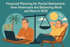 Flat-style illustration about partial retirement planning in the United States. At the top, large text reads: ‘Financial Planning for Partial Retirement: How Americans Are Balancing Work and Rest in 2025.’ The scene is split into two contrasting halves by a central balance scale. On the left, an older man sits at a desk working on a laptop, with a stack of dollar bills and a palm tree behind him, symbolizing income, work, and financial security. On the right, the same man is reclining in a lounge chair under a bright sun with ‘Zzz’ above his head, representing rest and leisure. The balanced scale between both sides visually conveys the idea of combining continued work with relaxation during partial retirement.