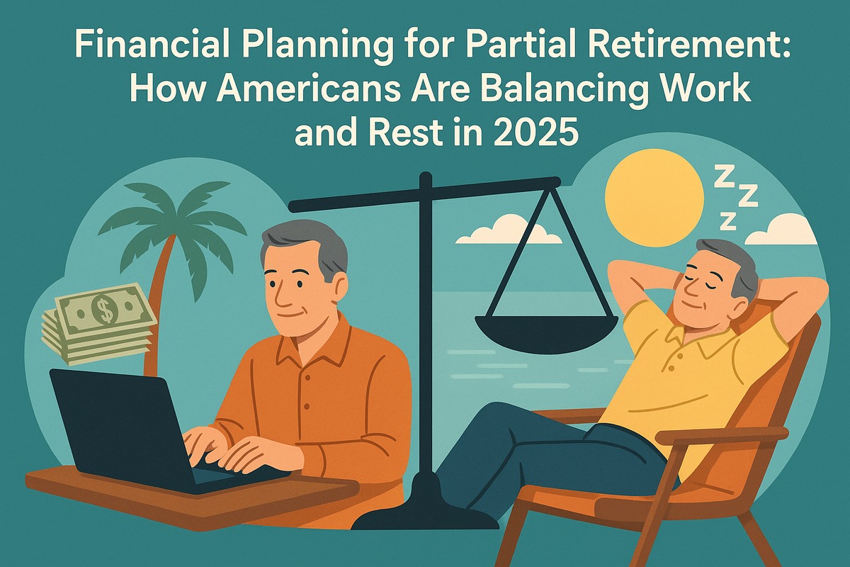 Flat-style illustration about partial retirement planning in the United States. At the top, large text reads: ‘Financial Planning for Partial Retirement: How Americans Are Balancing Work and Rest in 2025.’ The scene is split into two contrasting halves by a central balance scale. On the left, an older man sits at a desk working on a laptop, with a stack of dollar bills and a palm tree behind him, symbolizing income, work, and financial security. On the right, the same man is reclining in a lounge chair under a bright sun with ‘Zzz’ above his head, representing rest and leisure. The balanced scale between both sides visually conveys the idea of combining continued work with relaxation during partial retirement.
