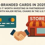 Illustration showing a teal credit card and a small red storefront with an orange awning labeled ‘STORE’. Below them, two hands shake in agreement. The title reads ‘Co-Branded Cards in 2025: Is it worth investing in partnerships with major retail chains in the U.S.?’ — representing collaboration between banks and retail businesses.
