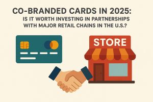 Illustration showing a teal credit card and a small red storefront with an orange awning labeled ‘STORE’. Below them, two hands shake in agreement. The title reads ‘Co-Branded Cards in 2025: Is it worth investing in partnerships with major retail chains in the U.S.?’ — representing collaboration between banks and retail businesses.