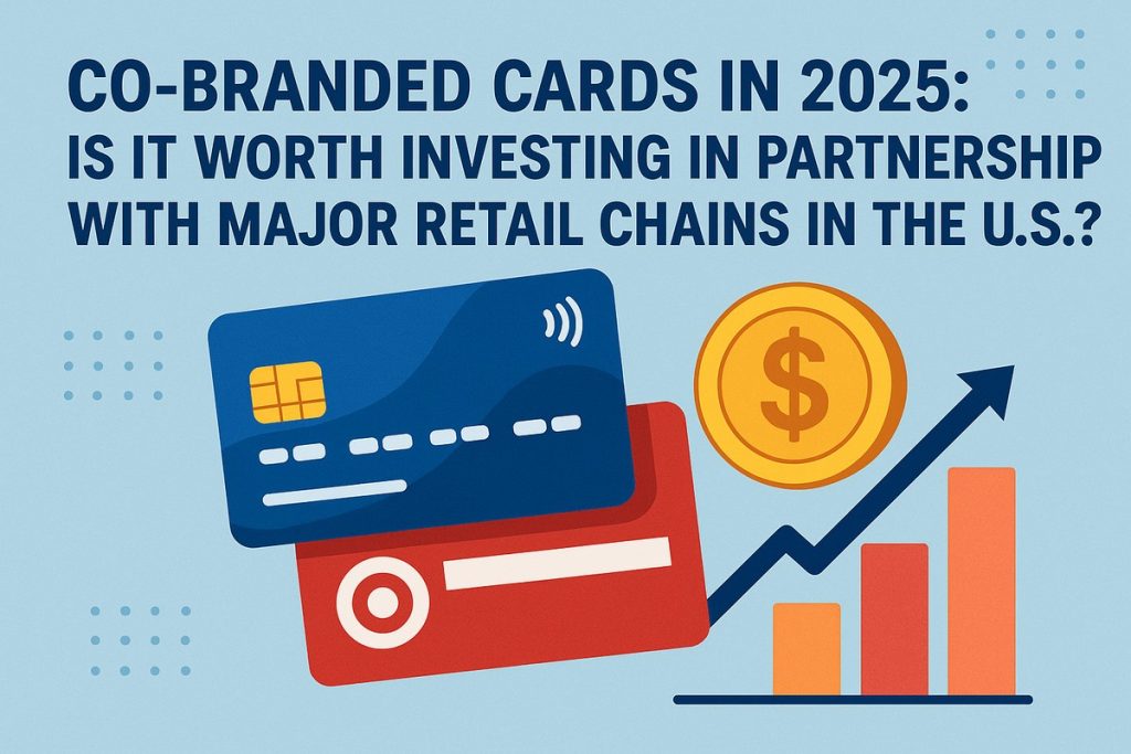 Graphic with two overlapping credit cards (one blue, one red), a large gold coin with a dollar sign, and an upward arrow beside a bar chart. The headline reads ‘Co-Branded Cards in 2025: Is it worth investing in partnership with major retail chains in the U.S.?’, symbolizing financial growth through card partnerships.