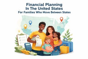 Illustration of a family in the United States planning their finances while moving between states, featuring parents and two children smiling together in front of a stylized U.S. map with location pins. The scene includes suitcases, a calculator, stacks of money, coins, a checklist, a piggy bank, and a small house model, symbolizing relocation, budgeting, and financial planning for families.
