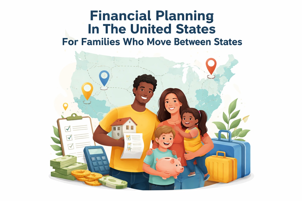 Illustration of a family in the United States planning their finances while moving between states, featuring parents and two children smiling together in front of a stylized U.S. map with location pins. The scene includes suitcases, a calculator, stacks of money, coins, a checklist, a piggy bank, and a small house model, symbolizing relocation, budgeting, and financial planning for families.