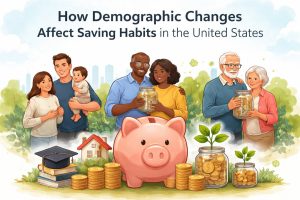 Illustrated cover about how demographic changes affect saving habits in the United States: families at different life stages—including a young couple with a baby, a middle-aged couple, and an elderly couple—stand behind a large piggy bank. In the foreground are stacks of coins, jars filled with savings, a small house, books, and symbols of education and growth, representing long-term financial planning, generational differences, and evolving saving behaviors.