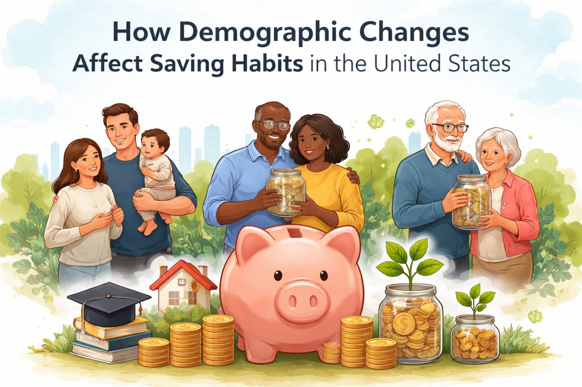 Illustrated cover about how demographic changes affect saving habits in the United States: families at different life stages—including a young couple with a baby, a middle-aged couple, and an elderly couple—stand behind a large piggy bank. In the foreground are stacks of coins, jars filled with savings, a small house, books, and symbols of education and growth, representing long-term financial planning, generational differences, and evolving saving behaviors.