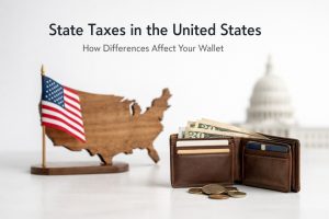 Leather wallet filled with U.S. dollar bills and credit cards, placed on a clean surface alongside loose coins, with a wooden map of the United States and an American flag in the background, symbolizing how state tax differences influence personal finances and household budgets across the United States.