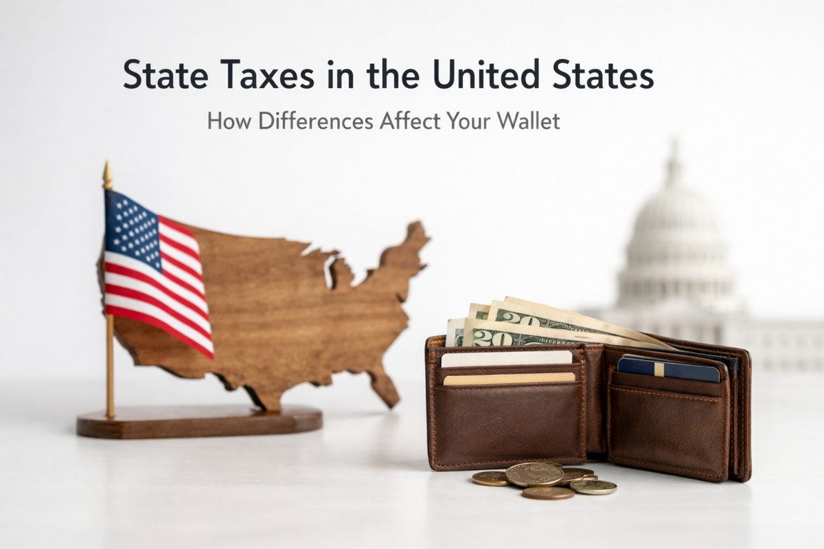 Leather wallet filled with U.S. dollar bills and credit cards, placed on a clean surface alongside loose coins, with a wooden map of the United States and an American flag in the background, symbolizing how state tax differences influence personal finances and household budgets across the United States.