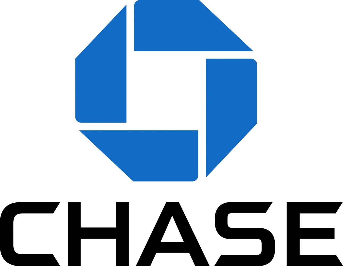 Chase logo displayed on a white background, featuring the blue octagonal Chase emblem above the word ‘CHASE’ in bold black lettering, representing the American financial services company Chase Bank.