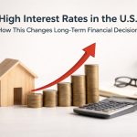 Still life composition representing high interest rates in the U.S., featuring stacked gold coins increasing in height with a red upward arrow, a small wooden house symbolizing real estate, a calculator, notebook, pen, and eyeglasses on a clean desk, conveying long-term financial planning and rising borrowing costs.