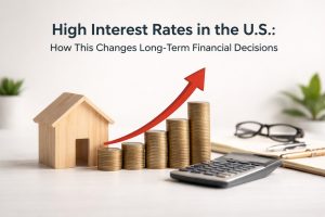 Still life composition representing high interest rates in the U.S., featuring stacked gold coins increasing in height with a red upward arrow, a small wooden house symbolizing real estate, a calculator, notebook, pen, and eyeglasses on a clean desk, conveying long-term financial planning and rising borrowing costs.