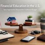 A minimalist desktop scene illustrating financial education in the United States. In the background, a softly blurred American flag stands to the left. Centered on a wooden desk is a small wooden balance scale. On the left side of the scale sits a miniature house painted with the American flag pattern, symbolizing home ownership in the U.S. On the right side are three stacked books topped with a small green potted succulent, representing education and knowledge. On the desk in the foreground are everyday financial and lifestyle items: an open notebook with black-framed eyeglasses resting on it, a pen, a smartphone lying face-up, a set of car keys with a key fob, a reusable coffee cup with a gray lid, and a brown leather wallet partially open with U.S. dollar bills visible. At the top of the image, the text reads: “Financial Education in the U.S.” “New Approaches Beyond the Traditional Budget.” The composition conveys themes of personal finance, education, budgeting, home ownership, and modern financial decision-making in the United States.