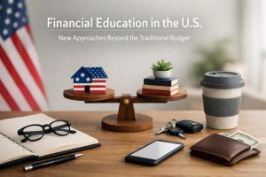 A minimalist desktop scene illustrating financial education in the United States. In the background, a softly blurred American flag stands to the left. Centered on a wooden desk is a small wooden balance scale. On the left side of the scale sits a miniature house painted with the American flag pattern, symbolizing home ownership in the U.S. On the right side are three stacked books topped with a small green potted succulent, representing education and knowledge. On the desk in the foreground are everyday financial and lifestyle items: an open notebook with black-framed eyeglasses resting on it, a pen, a smartphone lying face-up, a set of car keys with a key fob, a reusable coffee cup with a gray lid, and a brown leather wallet partially open with U.S. dollar bills visible. At the top of the image, the text reads: “Financial Education in the U.S.” “New Approaches Beyond the Traditional Budget.” The composition conveys themes of personal finance, education, budgeting, home ownership, and modern financial decision-making in the United States.
