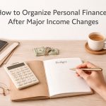 A clean and minimal workspace scene illustrating personal financial organization. A hand holds a pen above an open notebook labeled “Budget” while a calculator rests on the left page. On the wooden desk are a stack of folders with a smartphone on top, a pair of eyeglasses, a small pile of U.S. dollar bills with house keys placed on them, a cup of coffee on a coaster, and a small potted plant. The neutral background and soft lighting create a calm and focused atmosphere, emphasizing budgeting, financial planning, and managing money after significant income changes.