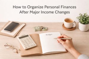 A clean and minimal workspace scene illustrating personal financial organization. A hand holds a pen above an open notebook labeled “Budget” while a calculator rests on the left page. On the wooden desk are a stack of folders with a smartphone on top, a pair of eyeglasses, a small pile of U.S. dollar bills with house keys placed on them, a cup of coffee on a coaster, and a small potted plant. The neutral background and soft lighting create a calm and focused atmosphere, emphasizing budgeting, financial planning, and managing money after significant income changes.