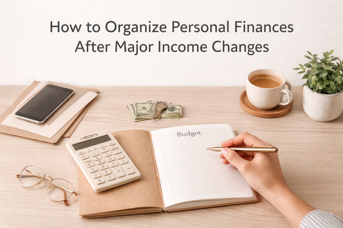 A clean and minimal workspace scene illustrating personal financial organization. A hand holds a pen above an open notebook labeled “Budget” while a calculator rests on the left page. On the wooden desk are a stack of folders with a smartphone on top, a pair of eyeglasses, a small pile of U.S. dollar bills with house keys placed on them, a cup of coffee on a coaster, and a small potted plant. The neutral background and soft lighting create a calm and focused atmosphere, emphasizing budgeting, financial planning, and managing money after significant income changes.