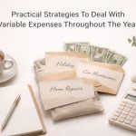 Budget planning for variable expenses with labeled cash envelopes for holidays, car maintenance, and home repairs, alongside a calculator, notebook, coffee cup, and plant, illustrating personal finance organization and yearly expense management.