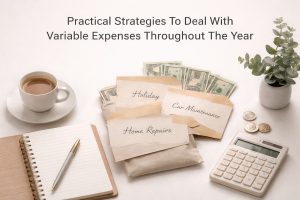Budget planning for variable expenses with labeled cash envelopes for holidays, car maintenance, and home repairs, alongside a calculator, notebook, coffee cup, and plant, illustrating personal finance organization and yearly expense management.