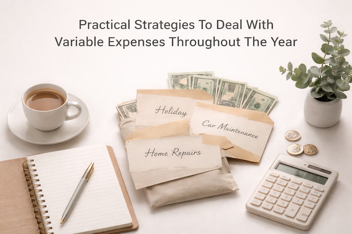 Budget planning for variable expenses with labeled cash envelopes for holidays, car maintenance, and home repairs, alongside a calculator, notebook, coffee cup, and plant, illustrating personal finance organization and yearly expense management.