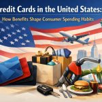 Credit cards in the United States concept featuring American flag, shopping bags, airplane, fuel pump, food, and multiple credit cards, representing rewards programs, consumer spending habits, travel benefits, and everyday purchases in the US.