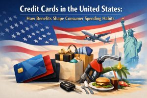 Credit cards in the United States concept featuring American flag, shopping bags, airplane, fuel pump, food, and multiple credit cards, representing rewards programs, consumer spending habits, travel benefits, and everyday purchases in the US.