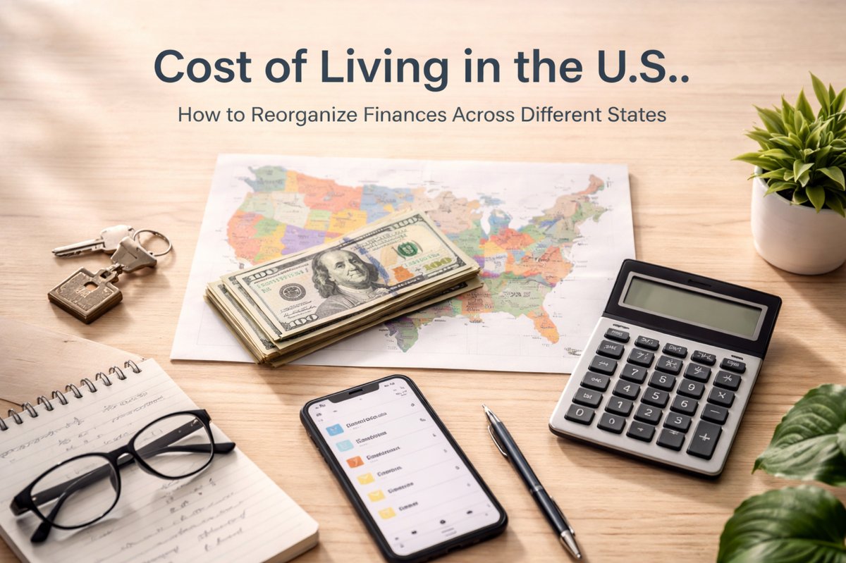 Cost of living in the U.S. concept with dollar bills on a map, calculator, smartphone budget app, and financial planning tools on a desk representing managing finances across different states