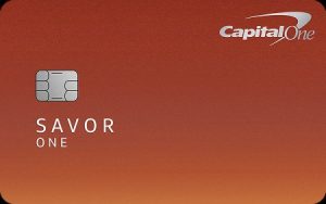 Capital One SavorOne Rewards credit card with orange gradient design and Capital One logo, a cashback credit card offering rewards on dining, entertainment, groceries, and everyday purchases.