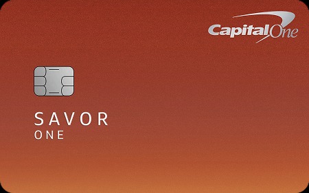 Capital One SavorOne Rewards credit card with orange gradient design and Capital One logo, a cashback credit card offering rewards on dining, entertainment, groceries, and everyday purchases.