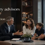 Premium editorial-style family financial planning meeting with fiduciary advisor guiding parents and child in a modern luxury office, representing the role of fiduciary advisors in family financial organization.