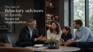 Premium editorial-style family financial planning meeting with fiduciary advisor guiding parents and child in a modern luxury office, representing the role of fiduciary advisors in family financial organization.